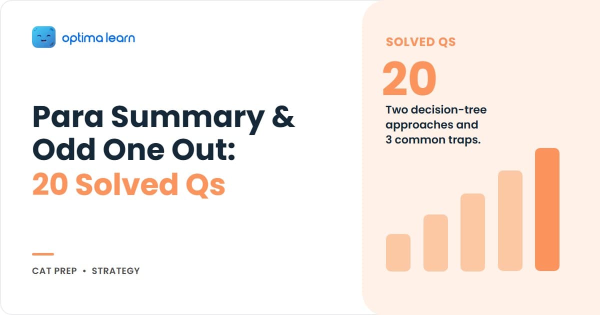 Para summary and odd one out CAT 2026 cheatsheet with two three-step decision trees, the 3-trap framework for VA TITA, and 20 solved CAT-level practice questions worth 15 raw marks per paper.