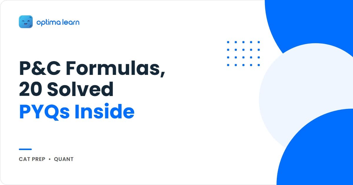 Permutation and combination formulas cheatsheet for CAT 2026 with 20 formulas across counting basics, permutations, combinations, restrictions, and distribution.