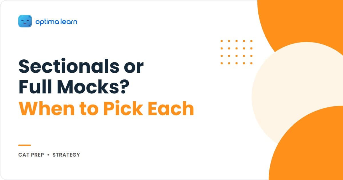 Sectional tests vs full-length mocks hero showing the SHIFT method — sectional-first, half-and-half, increase full mocks, fix-back sectionals, taper — with a 14-week worked schedule teaser.