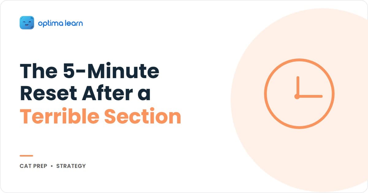 The Science of Recovering After a Terrible Section During CAT: a compact 340x192 brand-blue banner built as its own visual, using a circular refresh/reset arrow icon wrapping around a small countdown '5' at its center, illustrating a quick reset routine.