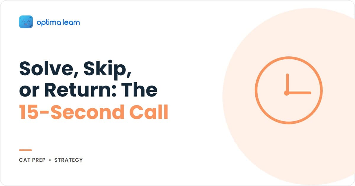 Framework to Decide in 15 Seconds Whether to Solve, Skip or Return: a compact 340x192 brand-blue banner built as its own visual, using a 3-way branching fork/path diagram diverging from one decision point, each path tagged Solve/Skip/Return,