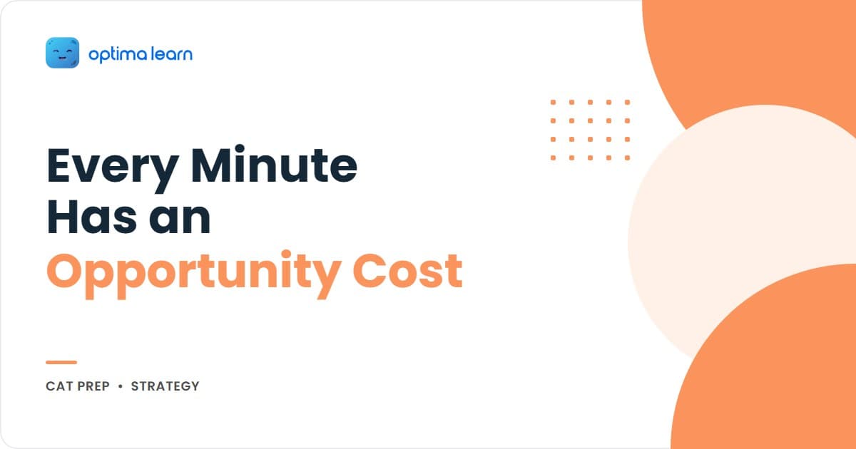 Optima Learn hero graphic for The CAT Opportunity Cost Framework: a compact 340x192 brand-blue banner built as its own visual, using a balance scale/seesaw graphic tilting.