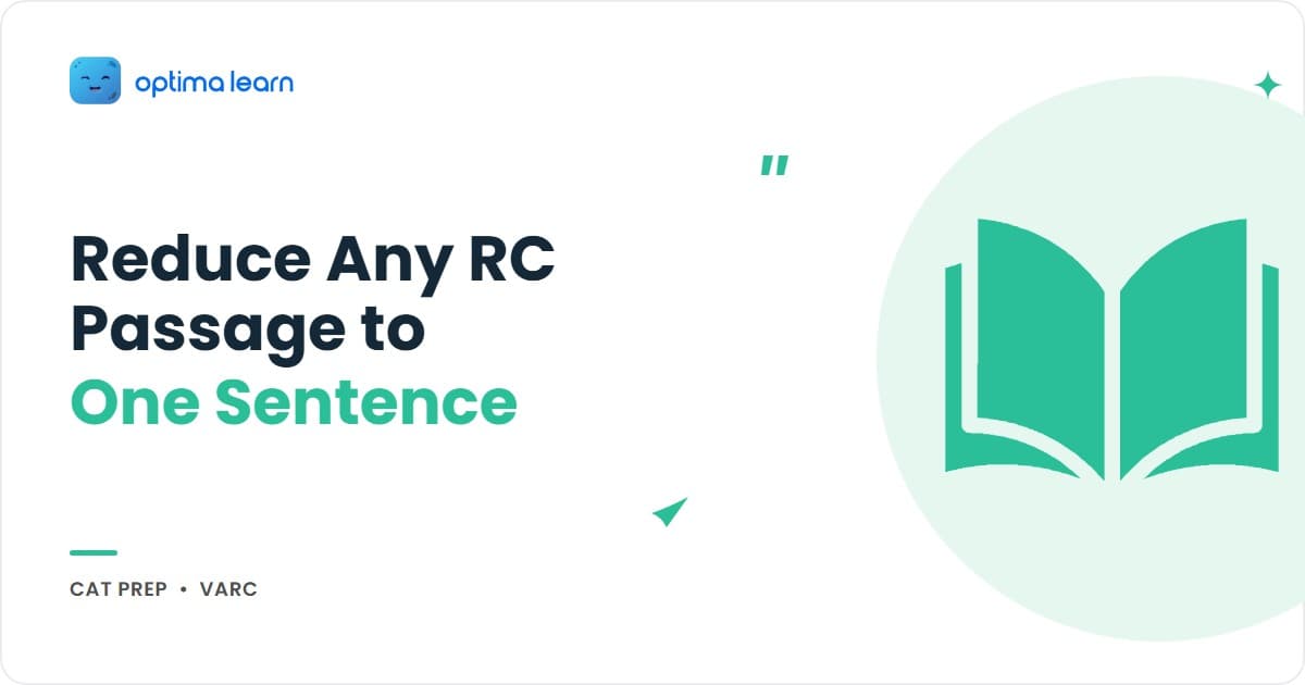 Optima Learn hero graphic for The Compression Challenge: brand-blue banner with headline "Compress Any Passage to One Sentence" and 4 numbered method cards (Cut, Omit, Retain, Express).