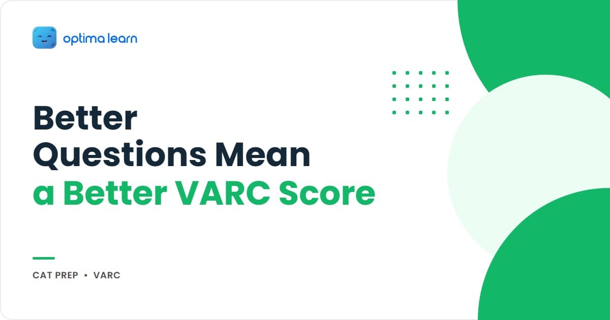 Why Students Who Ask Better Questions Perform Better in VARC: a compact 340x192 brand-blue banner built as its own visual, using a magnifying glass hovering over a glowing question mark with small radiating spark lines, illustrating active curiosity.