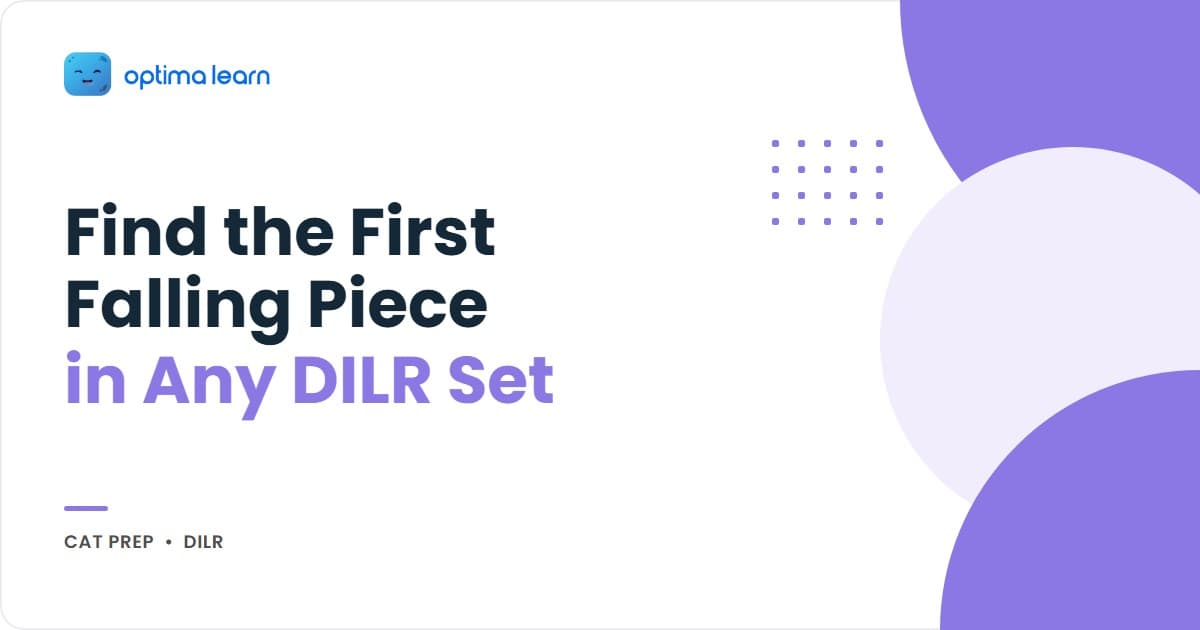 The DILR Domino Theory: Find the First Falling Piece and Let the Entire Set Solve Itself: a compact 340x192 brand-blue banner built as its own visual, using a row of falling dominoes mid-cascade, one piece highlighted amber as the first one pushed.