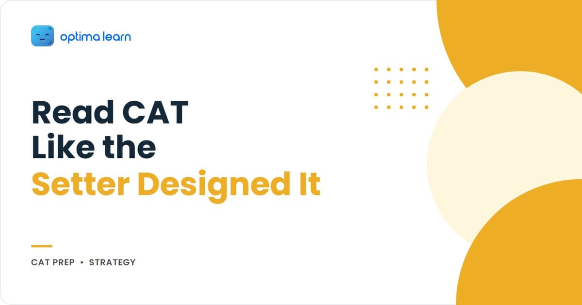 Optima Learn hero graphic for The Exam Setter's Mindset for CAT...: a compact 340x192 brand-blue banner built as its own visual, using a magnifying glass hovering over a small multiple-choice question card.