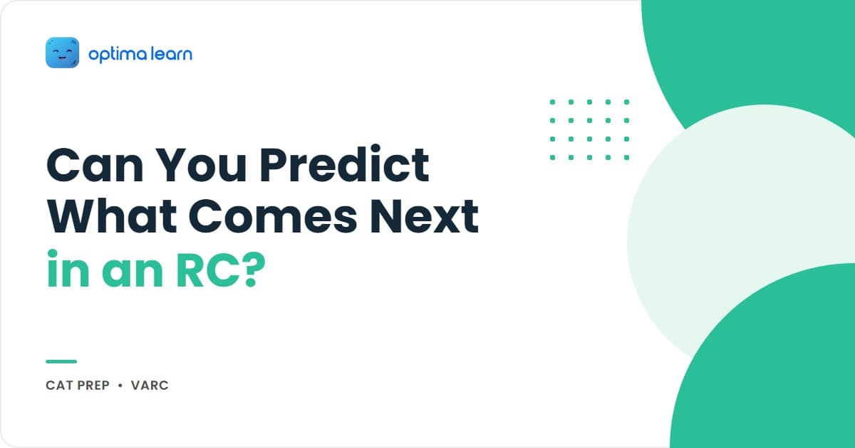 Optima Learn hero graphic for the CAT RC Missing Sentence Test blog, showing the five-step SIGNAL Method for predicting what comes next in a CAT reading comprehension passage.