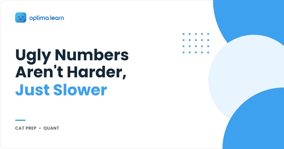 Optima Learn hero graphic for the Ugly Numbers Illusion in CAT Quant: brand-blue two-column banner with "Illusion" highlighted in amber, alongside 5 lettered cards spelling out the ROUND Method.