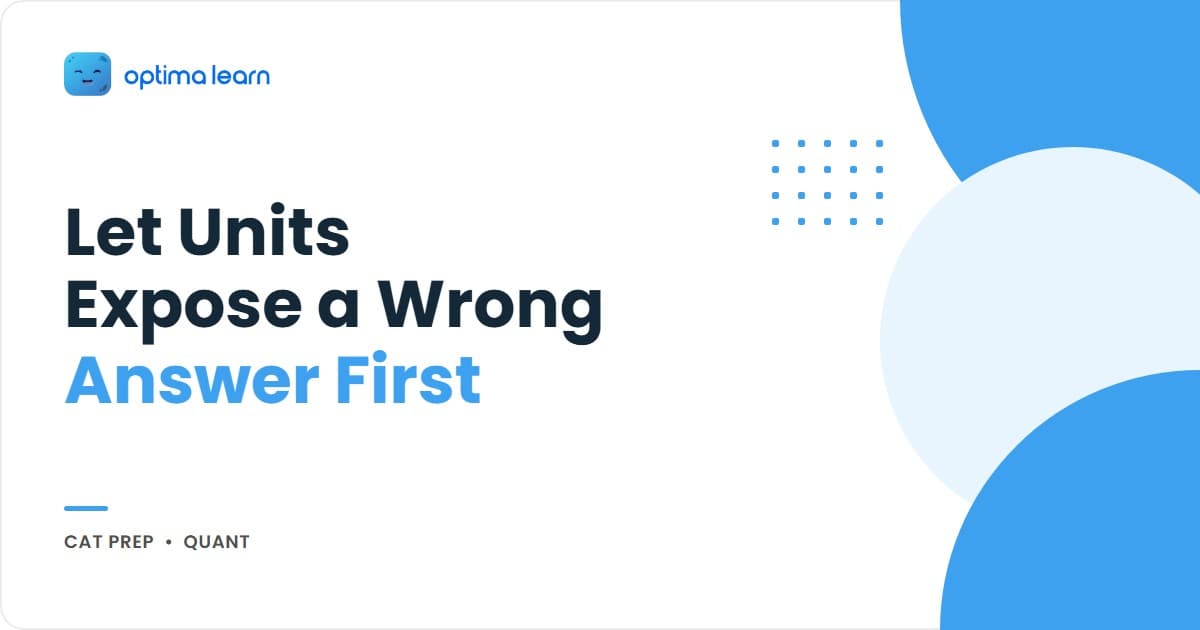 Optima Learn hero graphic for The Unit Test: brand-blue banner with headline "Catch Wrong Answers Before You Solve" and 4 numbered method cards (Define, Identify, Multiply and Cancel, Eliminate).