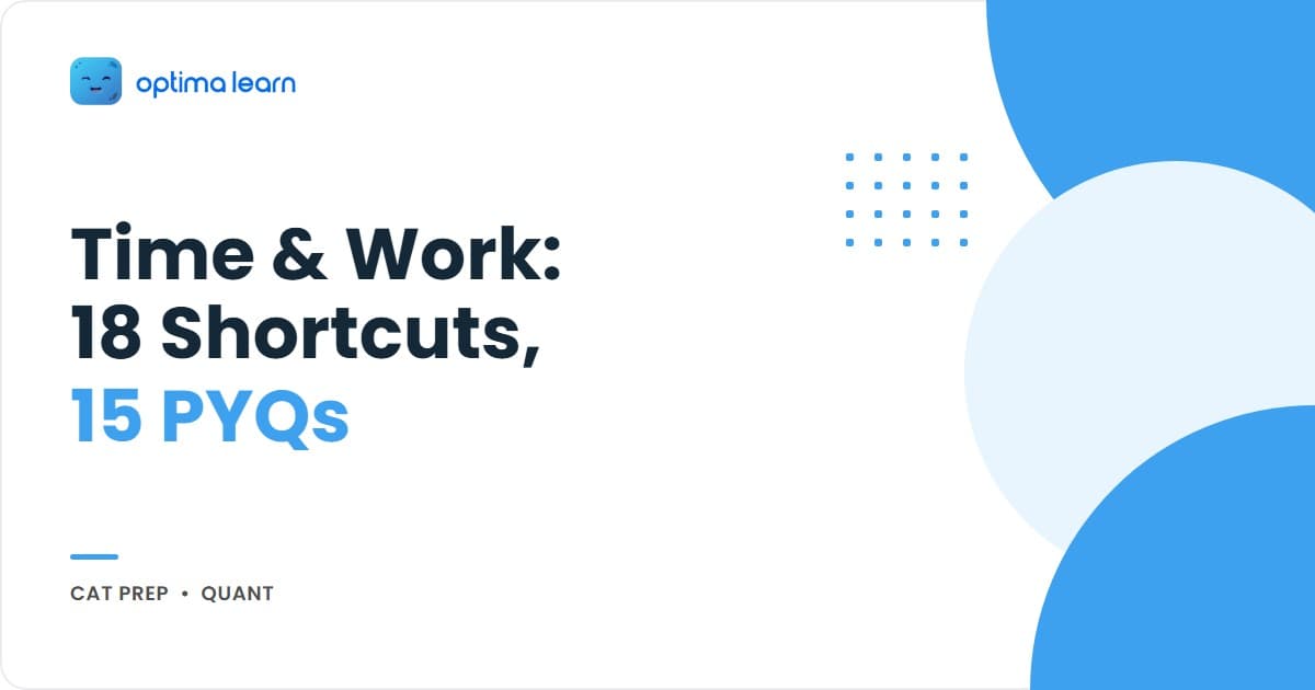 Time and work formulas cheatsheet for CAT 2026 with 18 shortcuts across the efficiency method, pipes and cisterns, multi-worker chains, wages split, and 15 CAT-level PYQs.