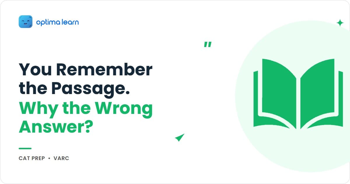 Optima Learn hero graphic for VARC Memory Illusion: brand-blue banner with the headline "You Remember the Passage. So Why Is the Answer Wrong?" and a circular 3-step framework orbit showing Recognize, Relocate, Reconcile.
