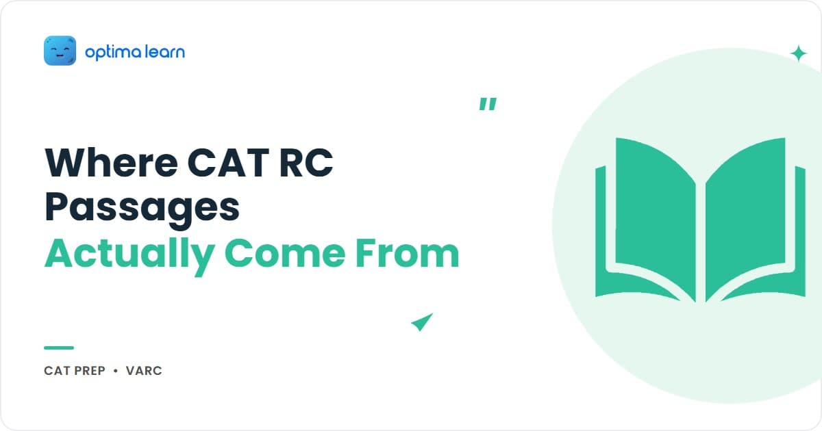 VARC RC passage sources CAT 2026 hero: 4-card grid covering the 6 source genres CAT draws from, the 5 RC topic genres, the 45-minute daily reading dose, and a teaser pointing to the 30-day reading routine.