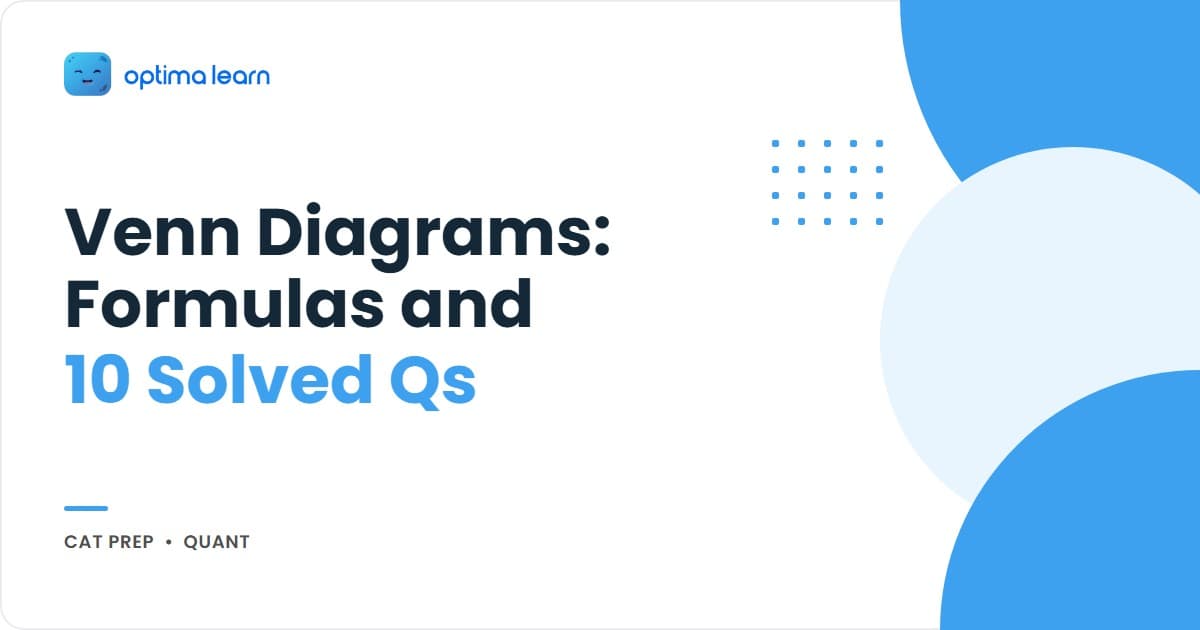Venn diagrams for CAT 2026 infographic with "CAT 2026 Quant + DILR" pill, headline highlighting "Venn Diagrams" in red, and five numbered cards covering 2-set formula, 3-set formula, maxima-minima, Quant questions, and DILR questions.