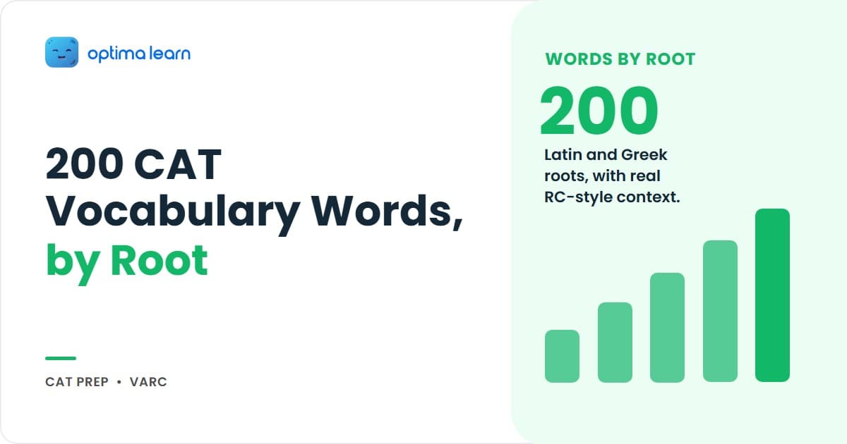 CAT 2026 vocabulary hero: 4-card grid covering the 25 root clusters, the 200 derived words, the 4-step context-guessing technique, and a teaser pointing to the 6-month capture cycle.