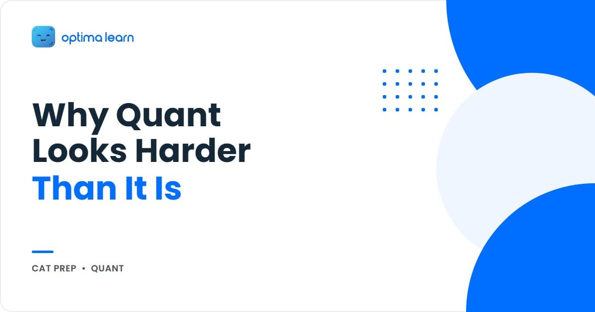 Optima Learn hero banner: "Why CAT Quant Looks Harder Than It Is," introducing the 5-step STRIP Method for seeing through intimidating question wording.