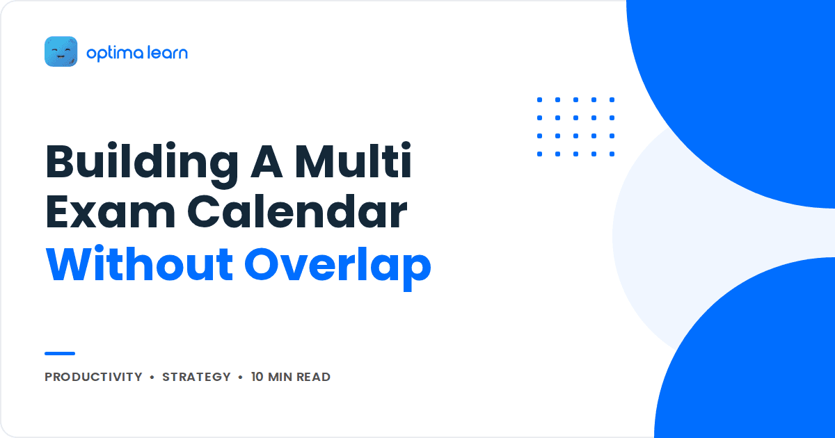 Blog cover reading Building A Multi Exam Calendar That Holds, with a blue blob stack and a small dot grid.