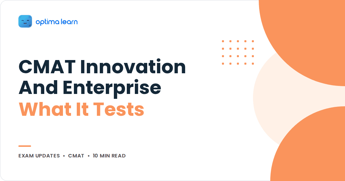 Blog cover reading CMAT Innovation And Enterprise, What It Tests, with a peach blob stack and a small dot grid.