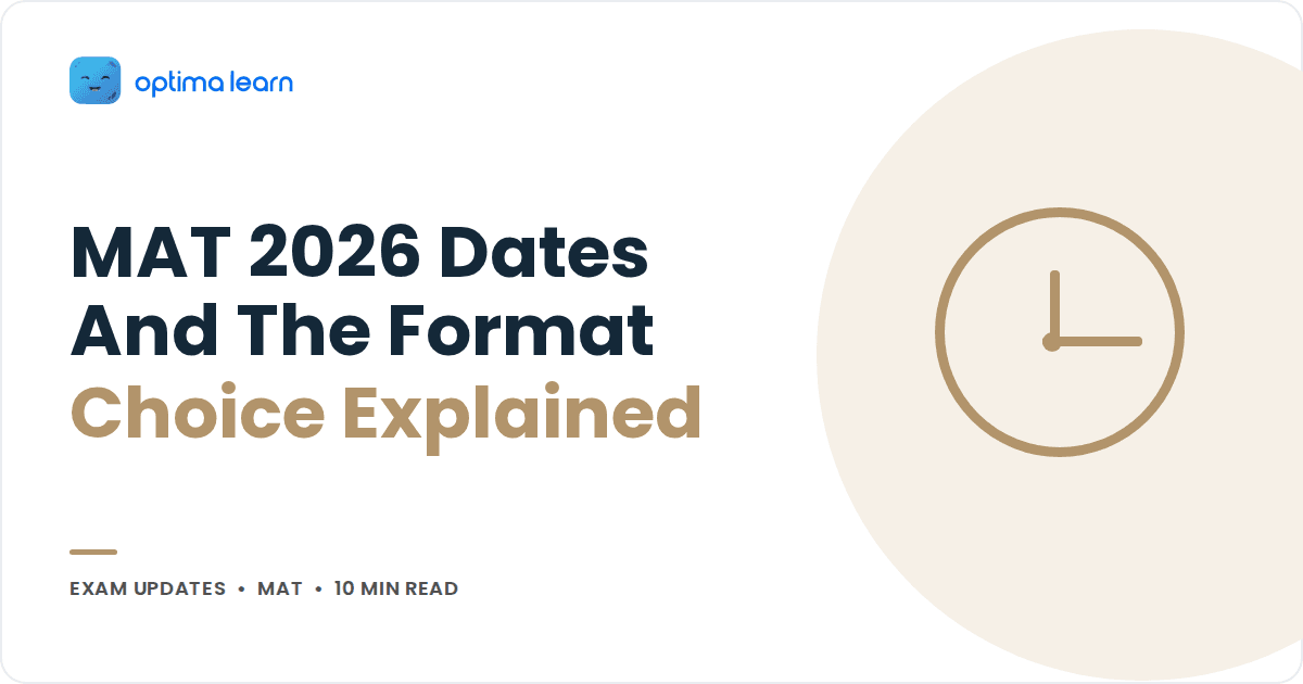Blog cover reading MAT 2026 Dates And Format Choice, with a sand coloured clock icon inside a soft beige circle.