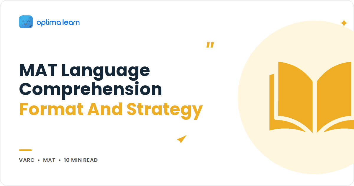 Blog cover reading MAT Language Comprehension Format And Strategy, with a yellow open book icon in a soft yellow circle.