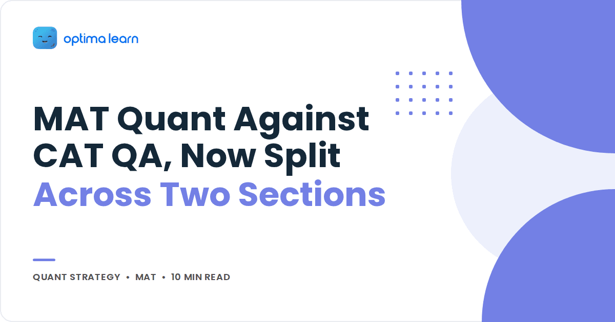 Blog cover reading MAT Quant Against CAT QA, Two Sections Now, with a periwinkle blob stack and dot grid.