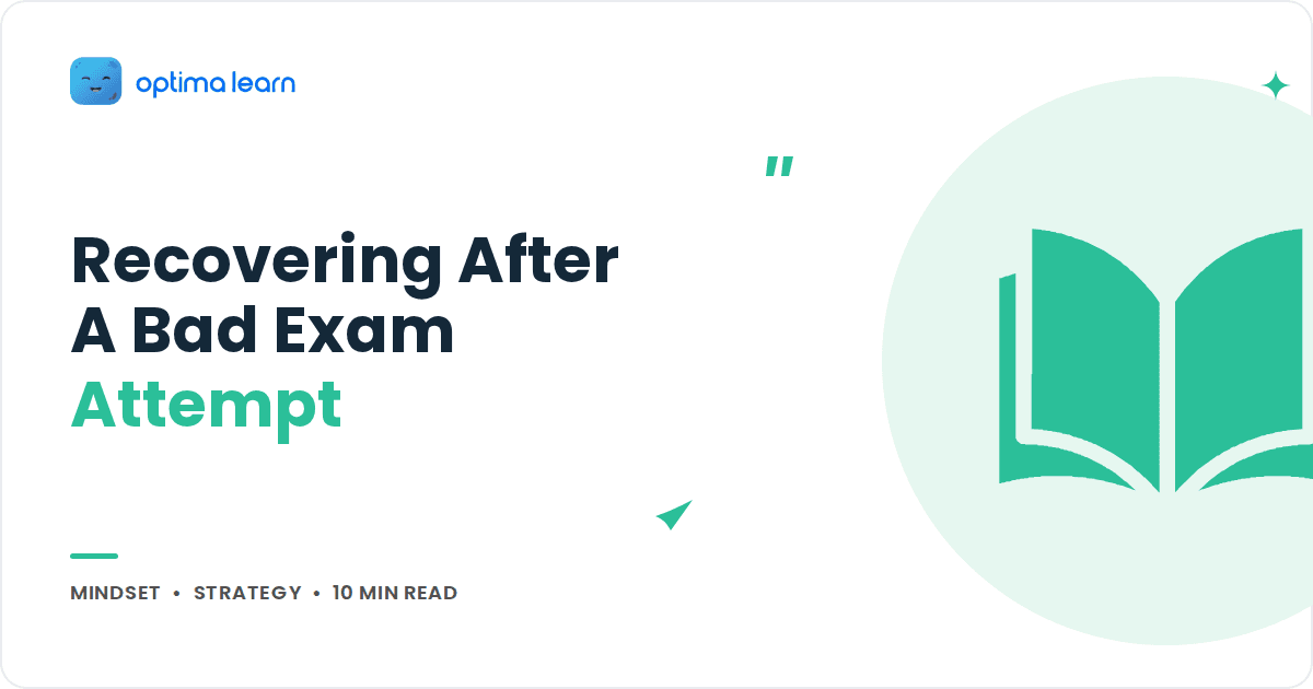 Blog cover reading Recovering After A Bad Exam Attempt, with a mint open book icon inside a soft mint circle.