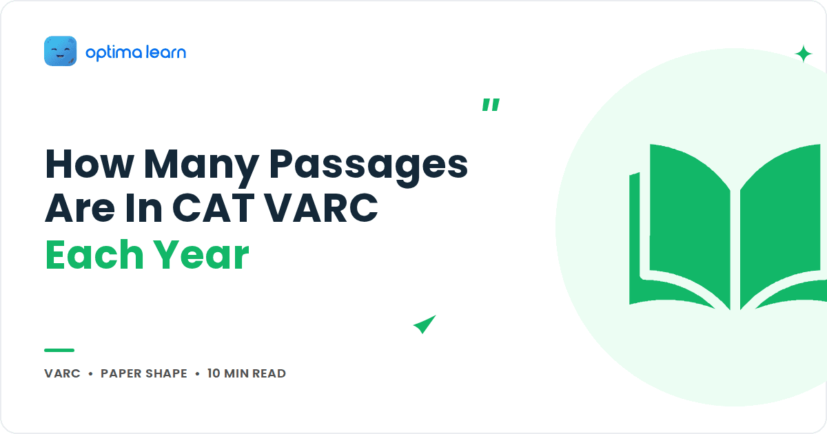 Blog cover reading How Many Passages Are In CAT VARC Each Year, with a green open book icon inside a soft tinted circle.