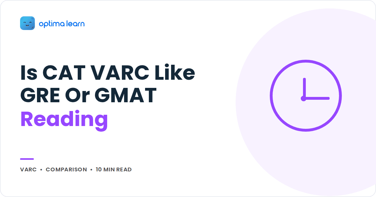Blog cover reading Is CAT VARC Like GRE Or GMAT Reading, with a purple clock icon inside a soft tinted circle.