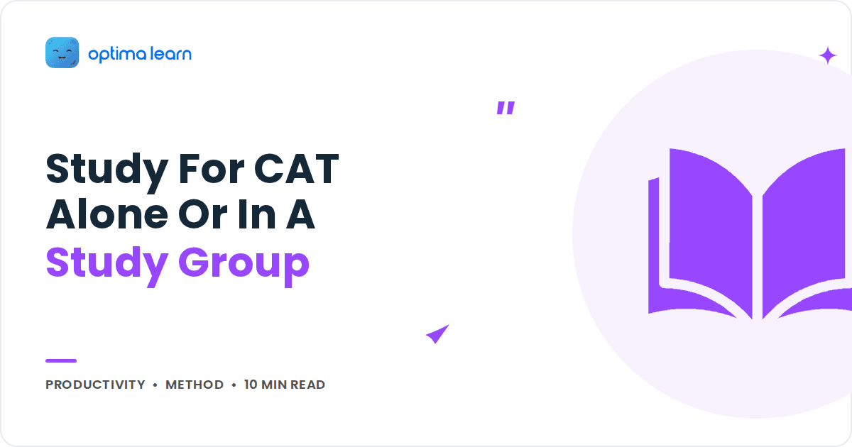 Blog cover reading Study For CAT Alone Or In A Study Group, with a purple open book icon inside a soft tinted circle.