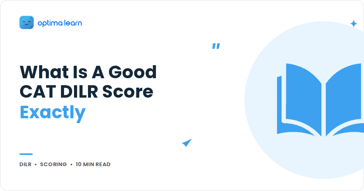 Blog cover reading What Is A Good CAT DILR Score Exactly, with a sky blue open book icon inside a soft tinted circle.