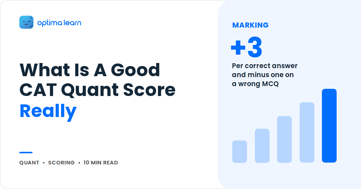 Blog cover reading What Is A Good CAT Quant Score Really, with a blue stat panel showing +3 and a small bar chart.
