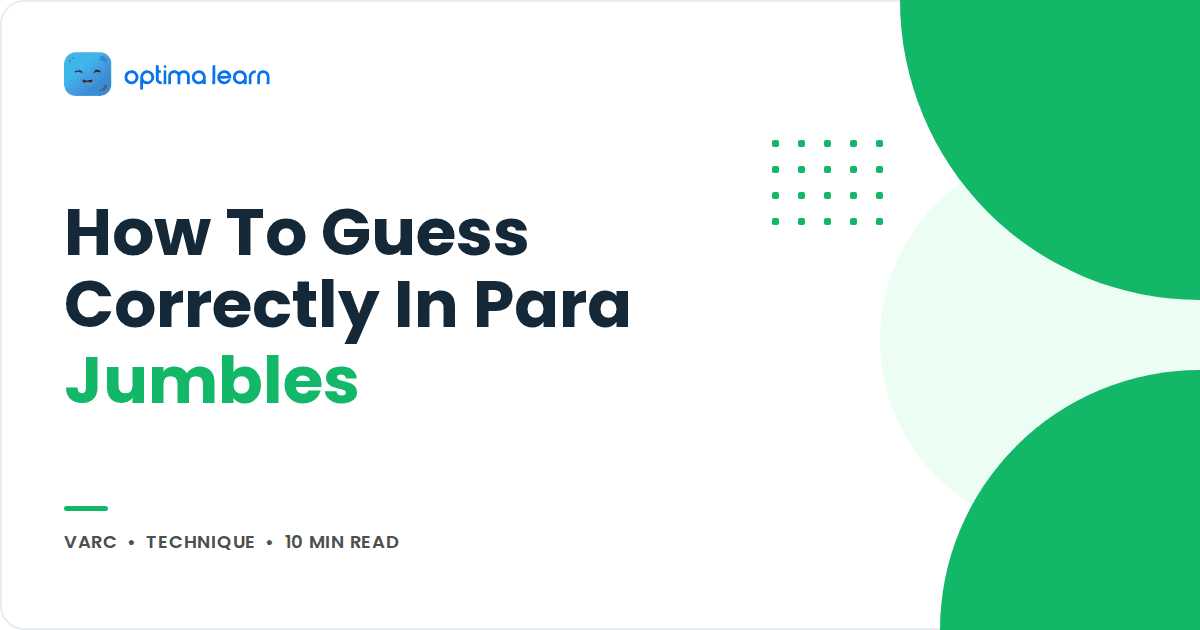 Blog cover reading How To Guess Correctly In Para Jumbles, with a green blob stack and a small dot grid.