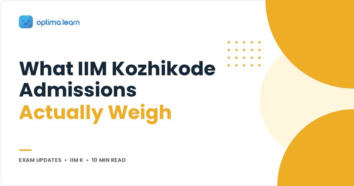 Blog cover reading What IIM Kozhikode Admissions Actually Weigh, with a soft yellow blob stack and a small dot grid.
