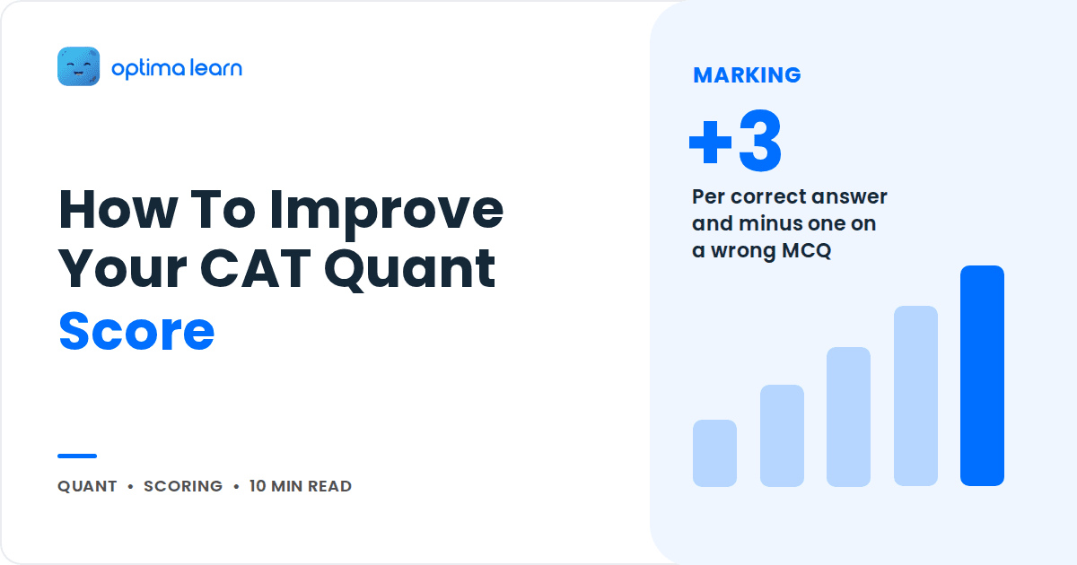 Blog cover reading How To Improve Your CAT Quant Score, with a blue stat panel showing +3 and a small bar chart.