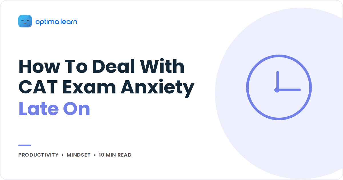 Blog cover reading How To Deal With CAT Exam Anxiety Late On, with a periwinkle clock icon in a soft tinted circle.