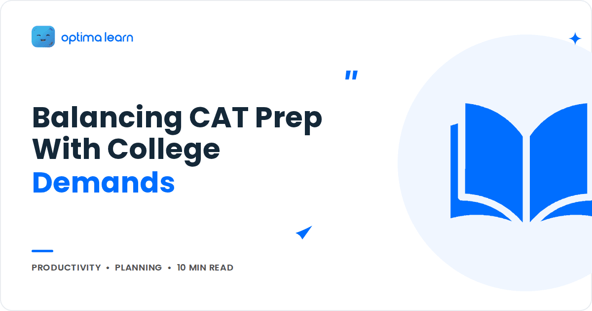 Blog cover reading Balancing CAT Prep With College Demands, with a blue open book icon in a soft tinted circle.