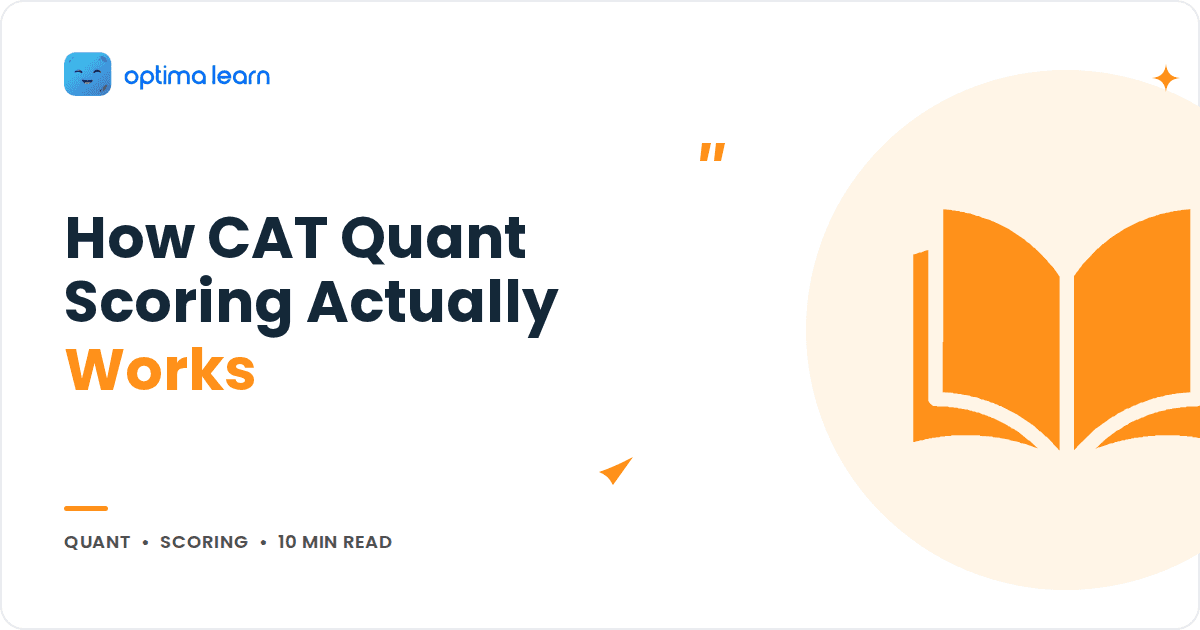 Blog cover reading How CAT Quant Scoring Actually Works, with an orange open book icon in a soft tinted circle.