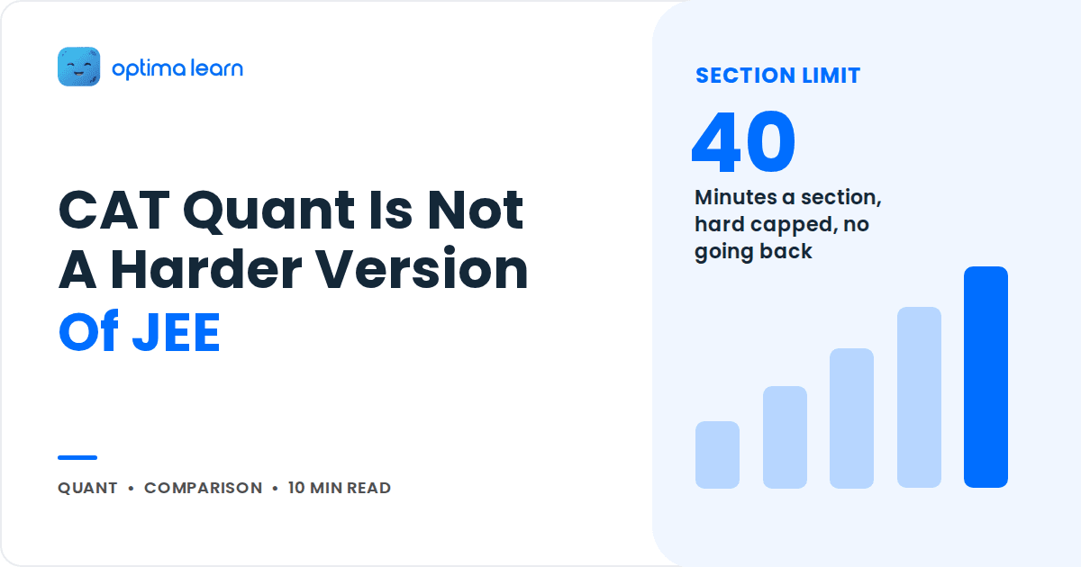 Blog cover reading CAT Quant Is Not A Harder Version Of JEE, with a blue stat panel and a small bar chart.