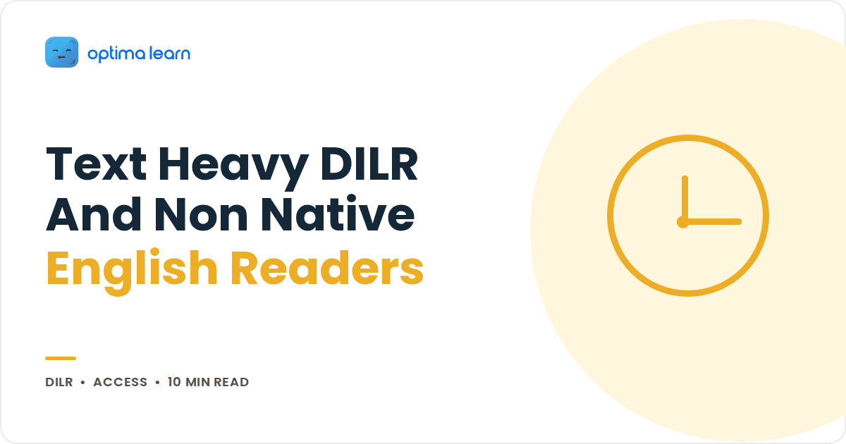 Blog cover reading Text Heavy DILR And Non Native English Readers, with a soft yellow clock icon inside a soft tinted circle.