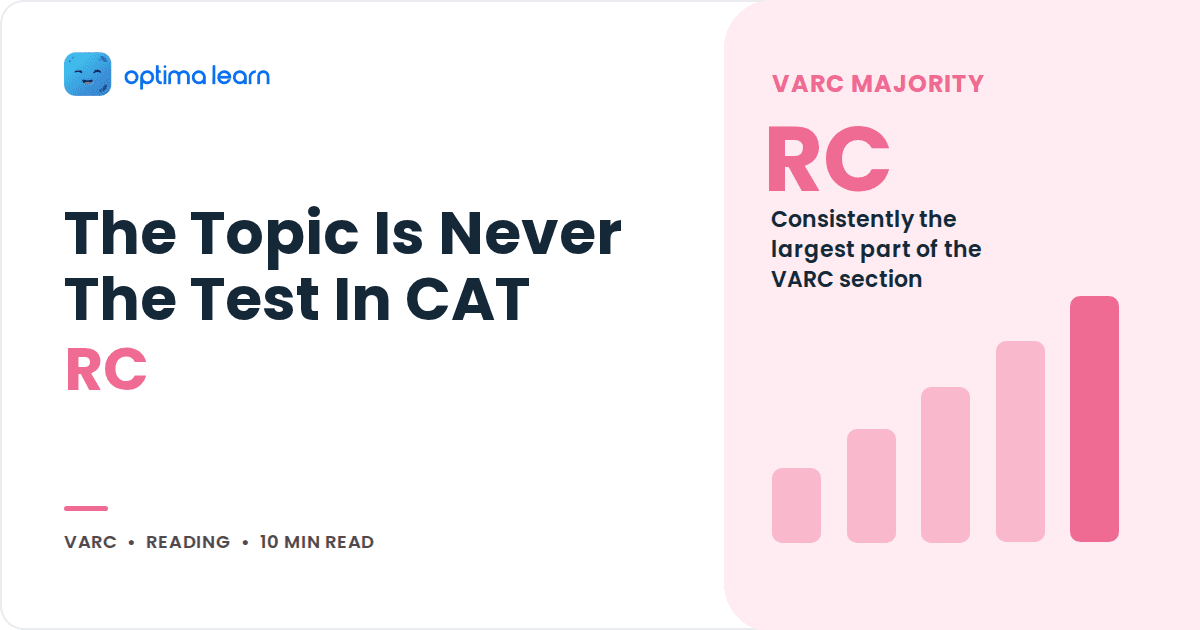 Blog cover reading The Topic Is Never The Test In CAT RC, with a blush pink stat panel and a small bar chart.