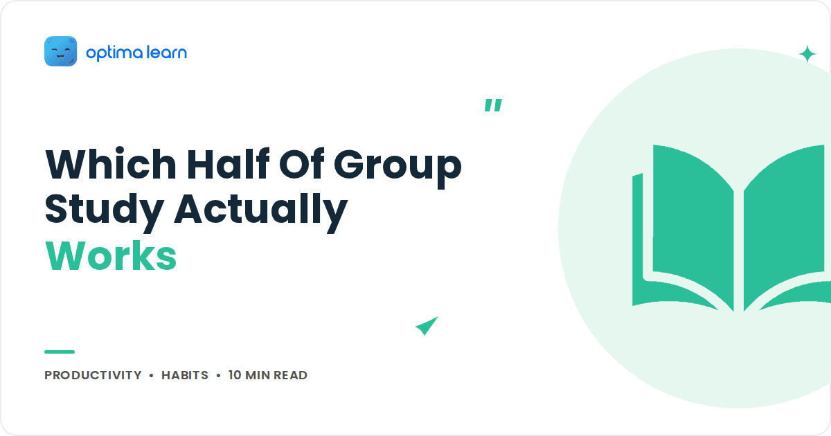 Blog cover reading Which Half Of Group Study Actually Works, with a mint green open book icon inside a soft tinted circle.