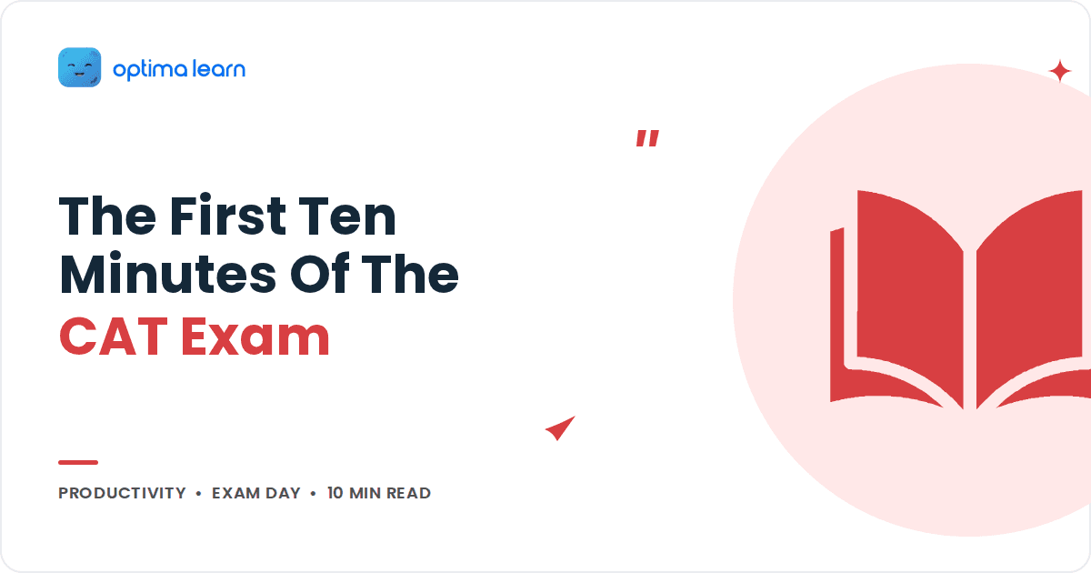Blog cover reading The First Ten Minutes Of The CAT Exam, with a red open book icon inside a soft tinted circle.