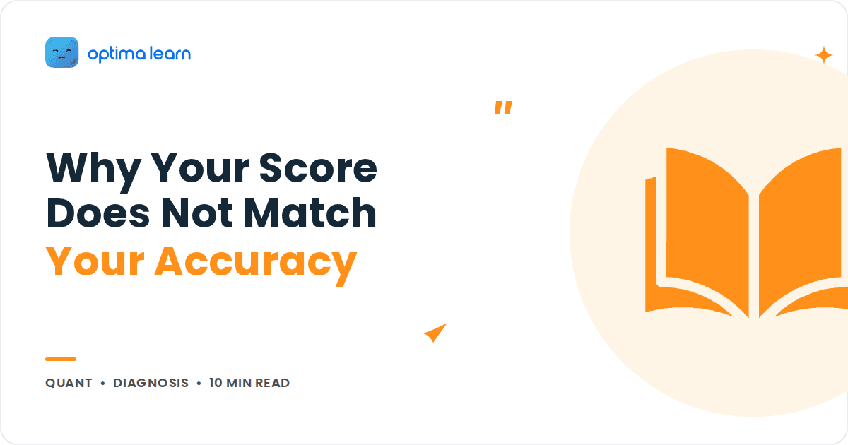 Blog cover reading Why Your Score Does Not Match Your Accuracy, with an orange open book icon inside a soft tinted circle.