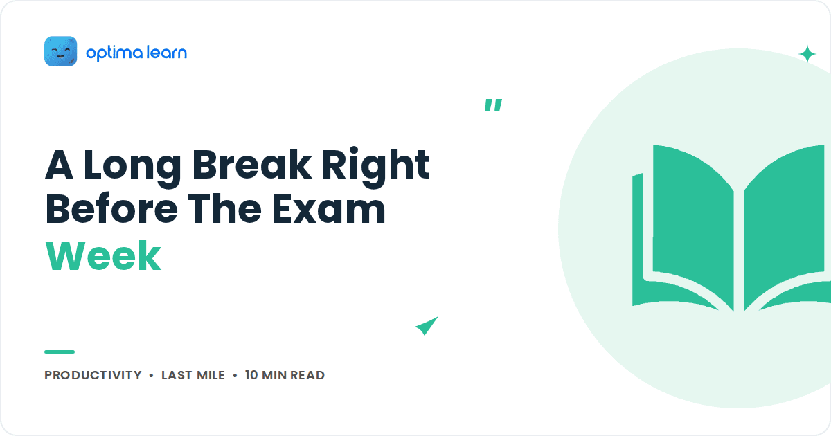 Blog cover reading A Long Break Right Before The Exam Week, with a mint green open book icon inside a soft tinted circle.