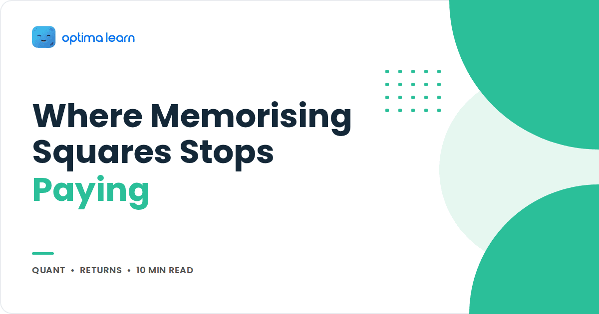 Blog cover reading Where Memorising Squares Stops Paying, with overlapping mint green circles and a small dot grid.